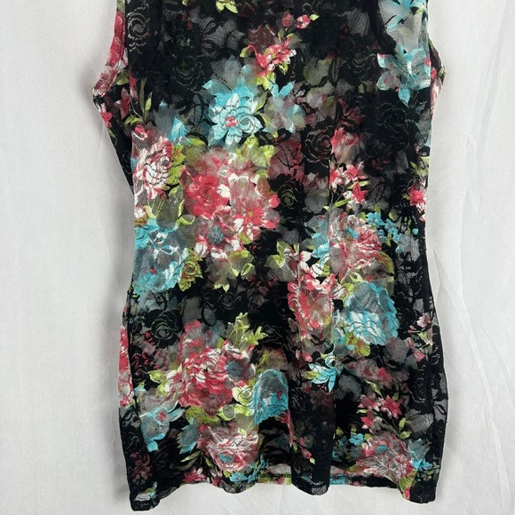 Y2K Almost Famous Shear Floral Tank Shirt Women Large Black Pink Sleeveless Boho - Picture 4 of 6